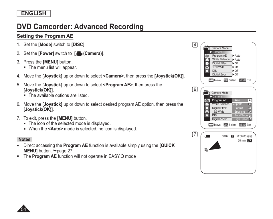 Dvd camcorder: advanced recording, English, Setting the program ae | Samsung SC-DC163-XAP User Manual | Page 58 / 136