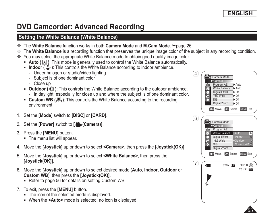 Setting the white balance(white balance), Dvd camcorder: advanced recording, English | Setting the white balance (white balance) | Samsung SC-DC163-XAP User Manual | Page 59 / 136