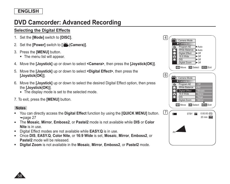 Dvd camcorder: advanced recording, English, Selecting the digital effects | Samsung SC-DC163-XAP User Manual | Page 62 / 136