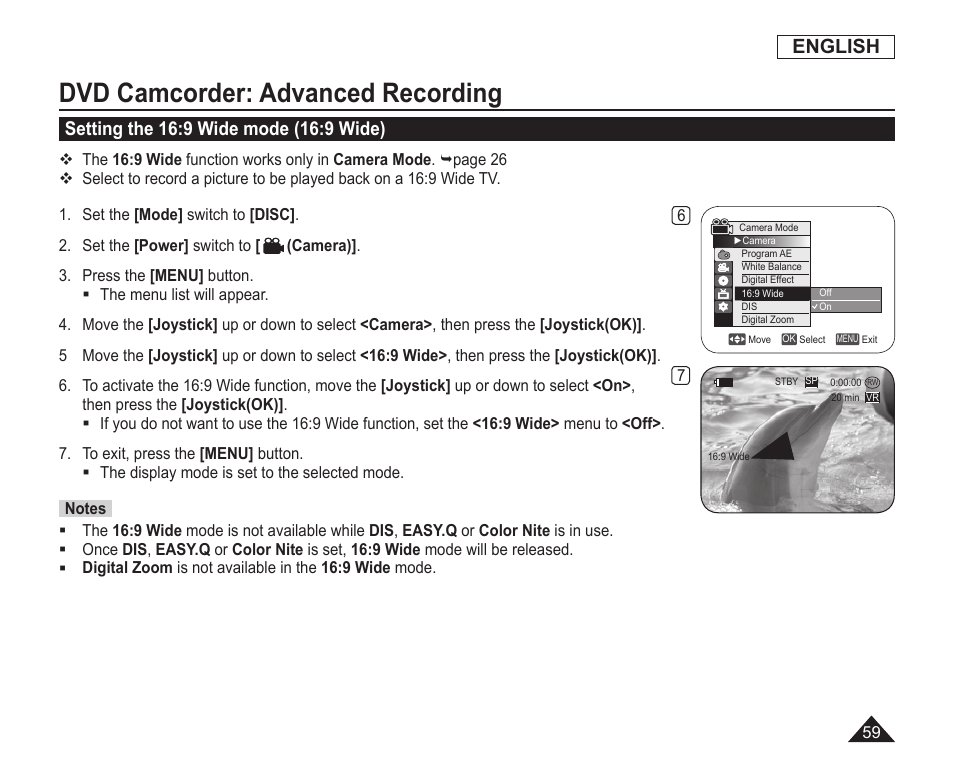 Setting the 16:9 wide mode(16:9 wide), Dvd camcorder: advanced recording, English | Samsung SC-DC163-XAP User Manual | Page 63 / 136