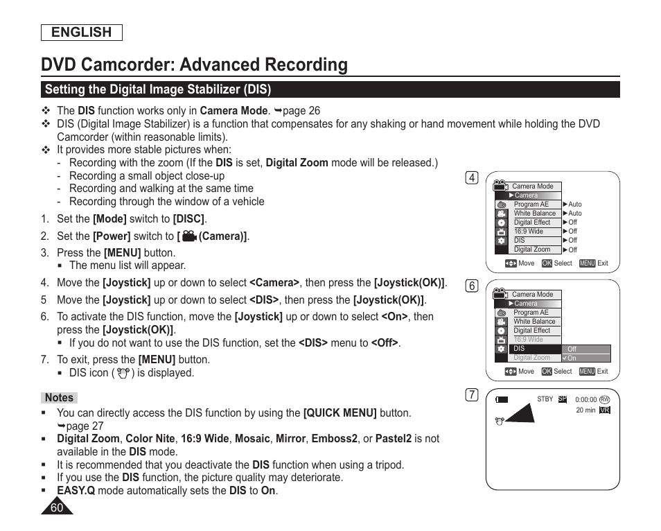 Setting the digital image stabilizer(dis), Dvd camcorder: advanced recording, English | Setting the digital image stabilizer (dis) | Samsung SC-DC163-XAP User Manual | Page 64 / 136