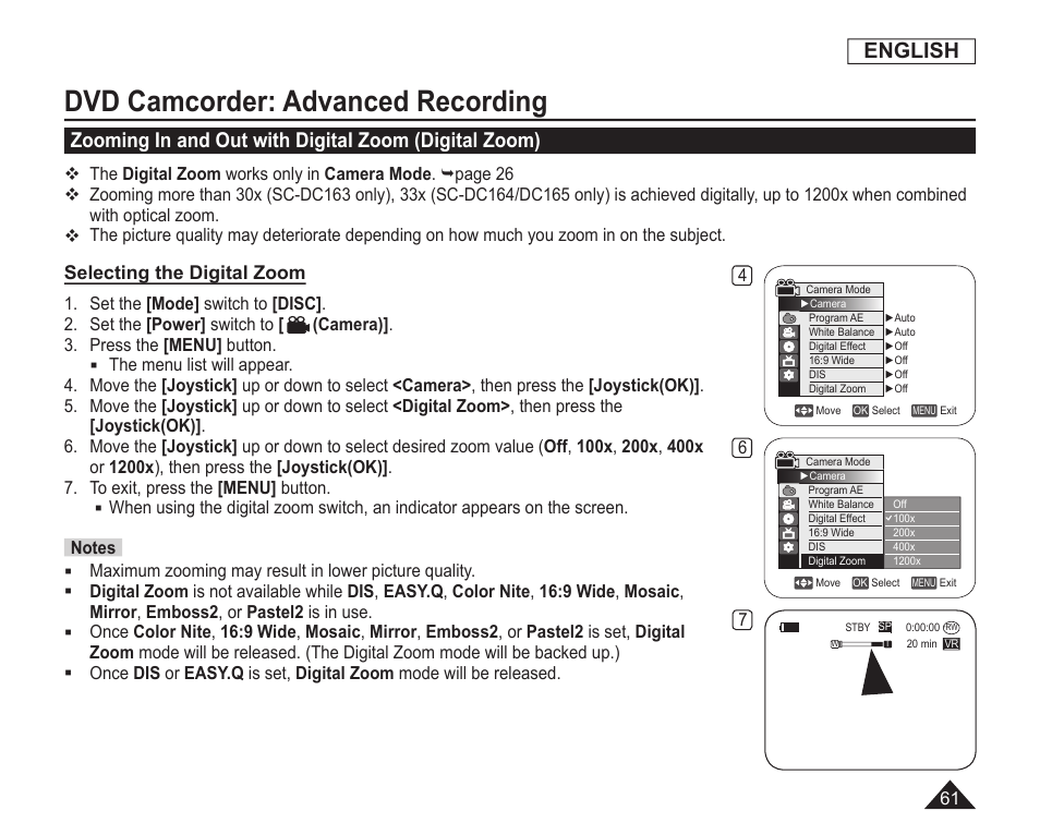 Zooming in and out with digital zoom(digital zoom), Dvd camcorder: advanced recording, English | Selecting the digital zoom | Samsung SC-DC163-XAP User Manual | Page 65 / 136