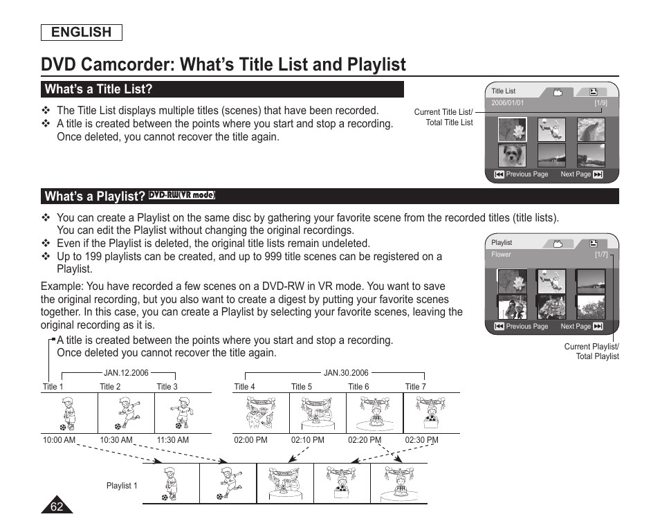 Dvd camcorder:what’s title list and playlist, What’s a title list, What’s a playlist | Dvd camcorder: what’s title list and playlist, English | Samsung SC-DC163-XAP User Manual | Page 66 / 136