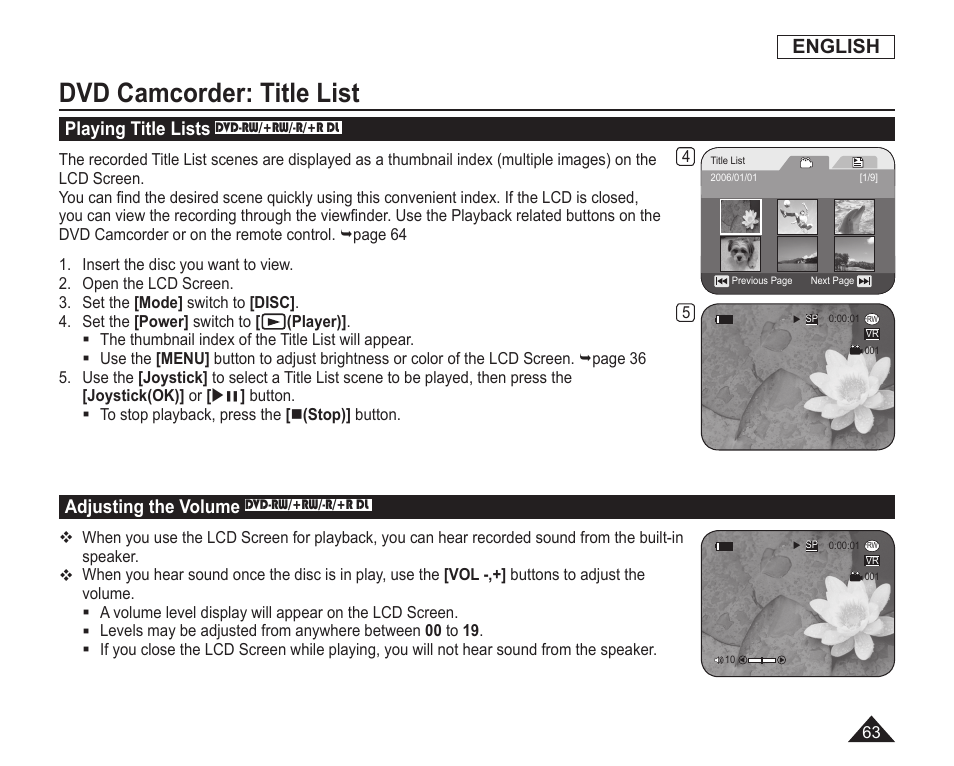 Dvd camcorder:title list, Playing title lists, Adjusting the volume | Dvd camcorder: title list, English | Samsung SC-DC163-XAP User Manual | Page 67 / 136