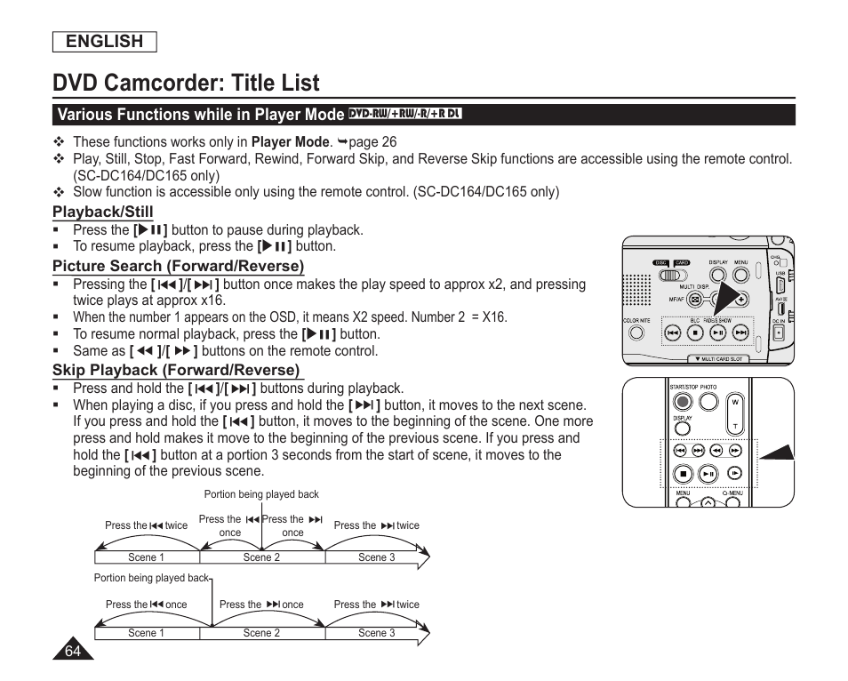 Various functions while in player mode, Dvd camcorder: title list, English | Samsung SC-DC163-XAP User Manual | Page 68 / 136