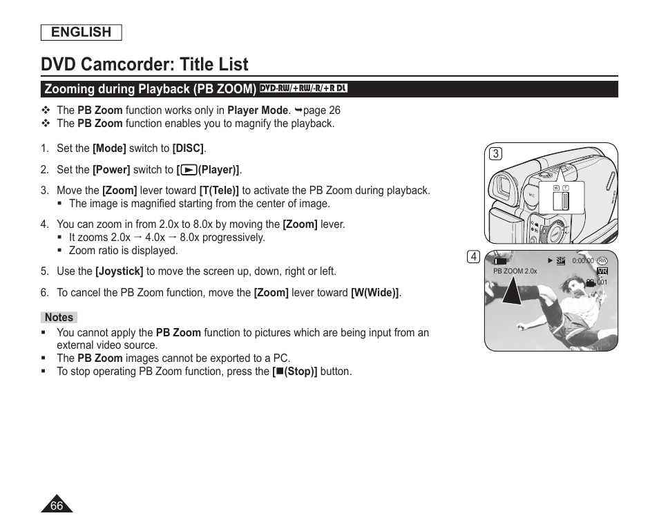 Zooming during playback(pb zoom), Dvd camcorder: title list, English | Zooming during playback (pb zoom) | Samsung SC-DC163-XAP User Manual | Page 70 / 136