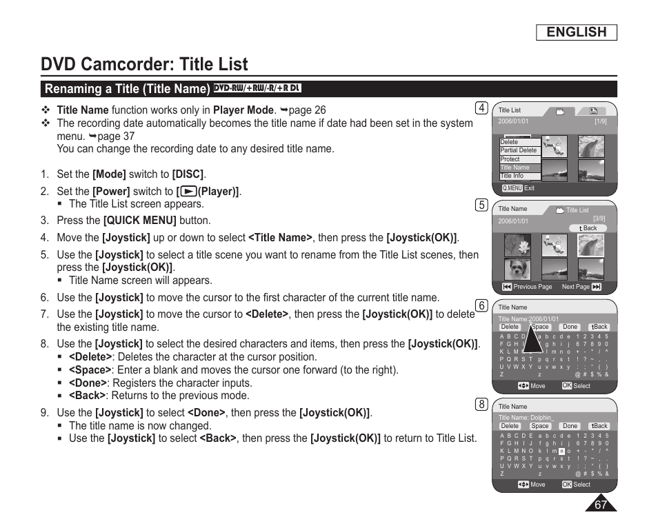 Renaming a title(title name), Dvd camcorder: title list, English | Renaming a title (title name) | Samsung SC-DC163-XAP User Manual | Page 71 / 136