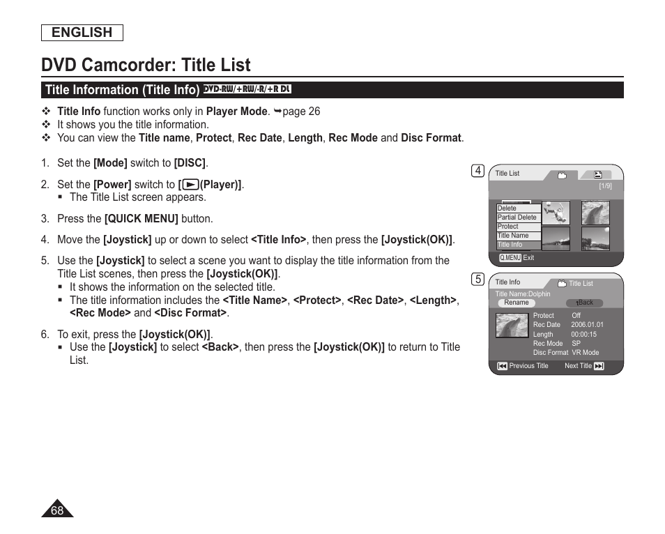 Title information(title info), Dvd camcorder: title list, English | Title information (title info) | Samsung SC-DC163-XAP User Manual | Page 72 / 136