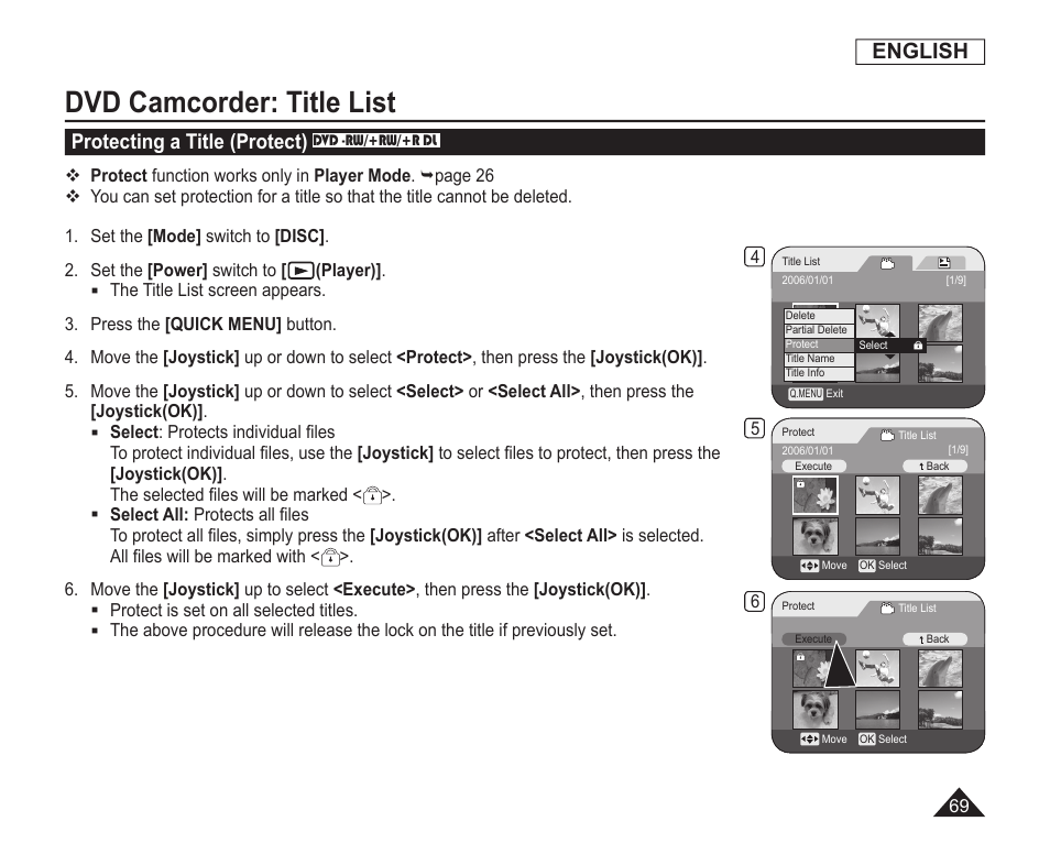 Protecting a title(protect), Dvd camcorder: title list, English | Protecting a title (protect) | Samsung SC-DC163-XAP User Manual | Page 73 / 136