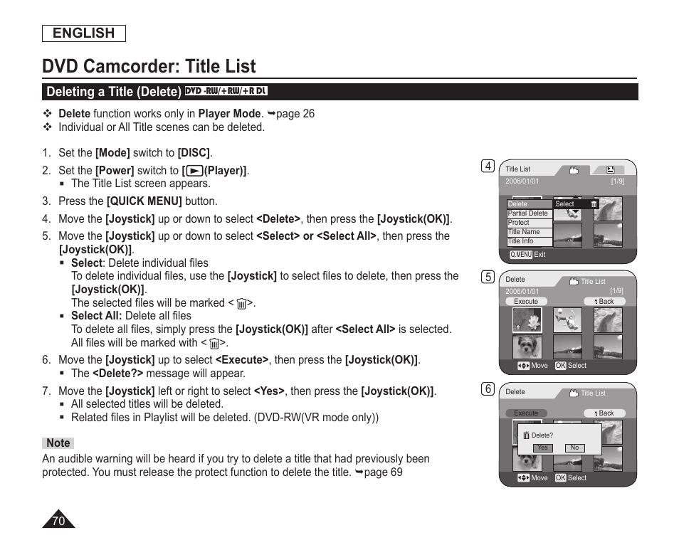 Deleting a title(delete), Dvd camcorder: title list, English | Deleting a title (delete) | Samsung SC-DC163-XAP User Manual | Page 74 / 136