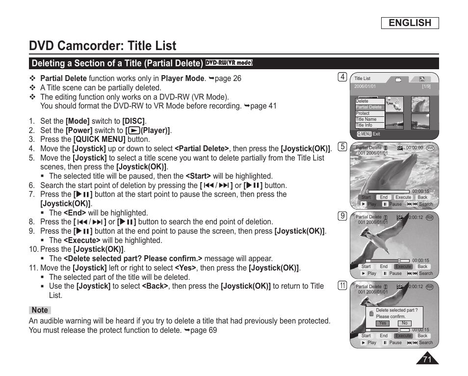 Deleting a section of a title(partial delete), Dvd camcorder: title list, English | Samsung SC-DC163-XAP User Manual | Page 75 / 136