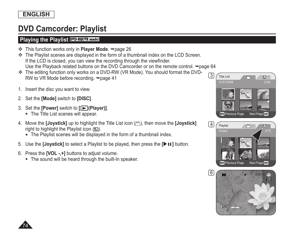 Playing the playlist, Dvd camcorder: playlist, English | Samsung SC-DC163-XAP User Manual | Page 78 / 136