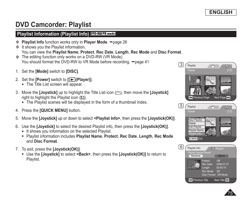 Playlist information(playlist info), Dvd camcorder: playlist, English | Playlist information (playlist info) | Samsung SC-DC163-XAP User Manual | Page 79 / 136