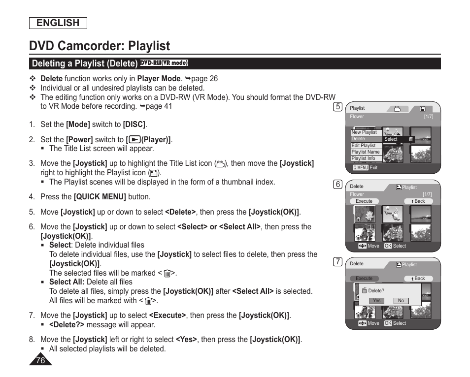 Deleting a playlist(delete), Dvd camcorder: playlist, English | Deleting a playlist (delete) | Samsung SC-DC163-XAP User Manual | Page 80 / 136