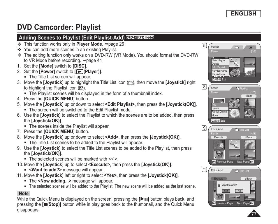 Adding scenes to playlist(edit playlist-add), Dvd camcorder: playlist, English | Adding scenes to playlist (edit playlist-add) | Samsung SC-DC163-XAP User Manual | Page 81 / 136