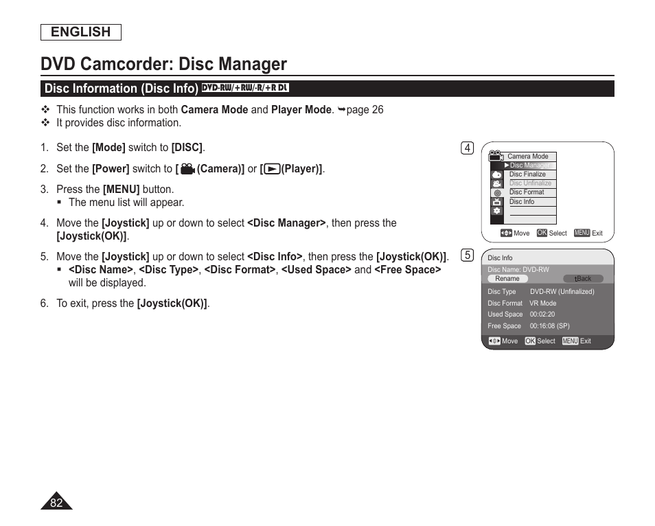 Dvd camcorder:disc manager, Disc information(disc info), Dvd camcorder: disc manager | English, Disc information (disc info) | Samsung SC-DC163-XAP User Manual | Page 86 / 136