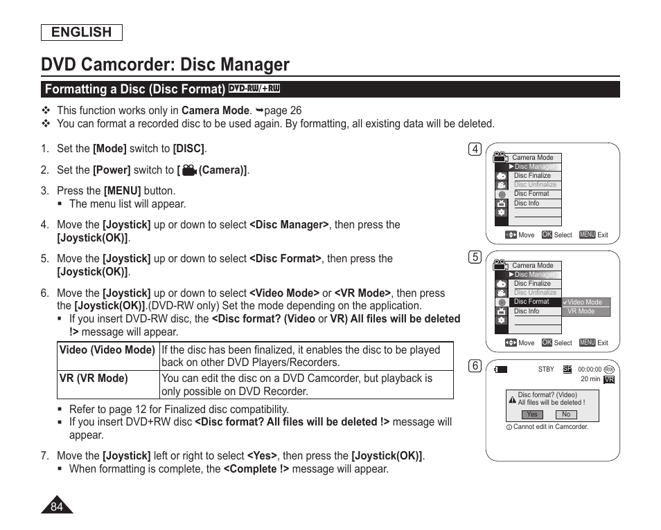 Formatting a disc(disc format), Dvd camcorder: disc manager, English | Formatting a disc (disc format) | Samsung SC-DC163-XAP User Manual | Page 88 / 136