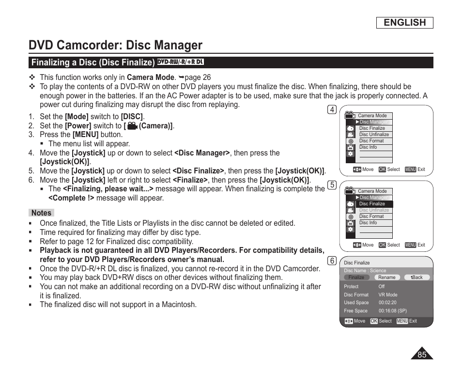 Finalizing a disc(disc finalize), Dvd camcorder: disc manager, English | Finalizing a disc (disc finalize) | Samsung SC-DC163-XAP User Manual | Page 89 / 136