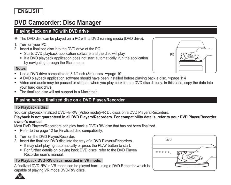 Playing back on a pc with dvd drive, Dvd camcorder: disc manager | Samsung SC-DC163-XAP User Manual | Page 90 / 136