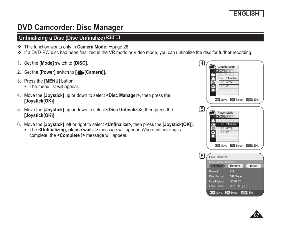 Unfinalizing a disc(disc unfinalize), Dvd camcorder: disc manager, English | Unﬁnalizing a disc (disc unﬁnalize) | Samsung SC-DC163-XAP User Manual | Page 91 / 136