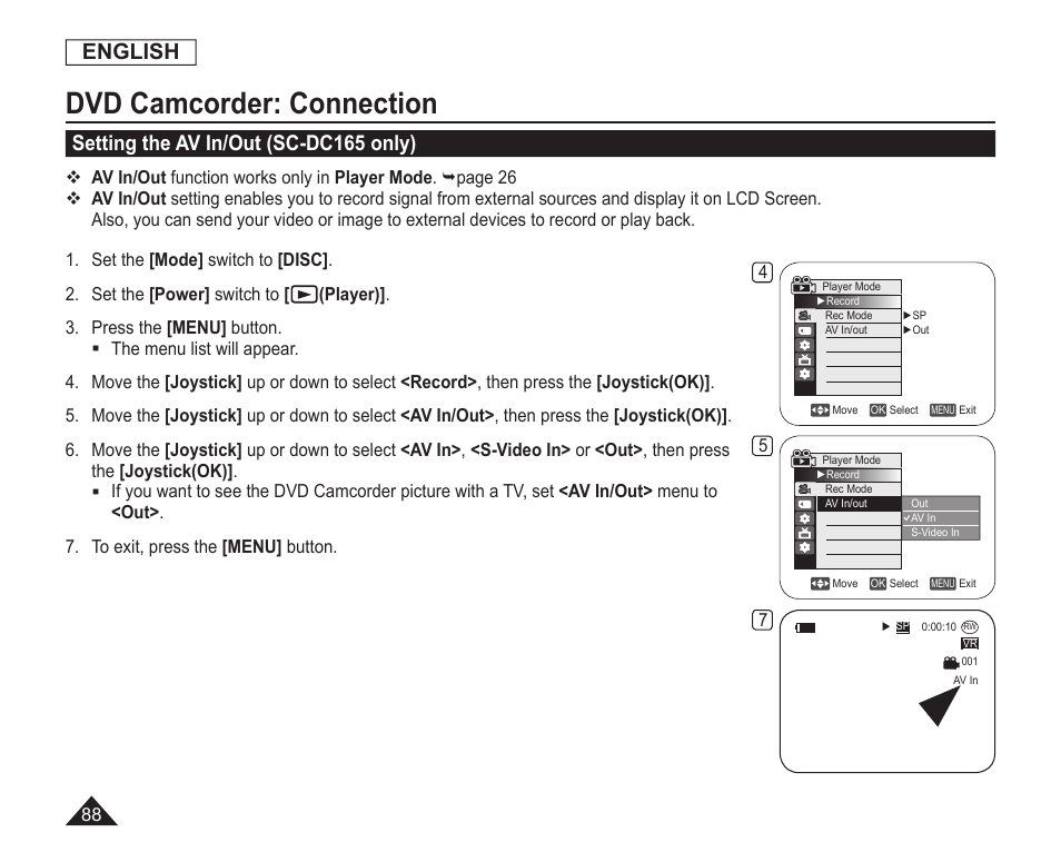 Dvd camcorder:connection, Setting the av in/out(sc-dc165 only), Dvd camcorder: connection | English, Setting the av in/out (sc-dc165 only) | Samsung SC-DC163-XAP User Manual | Page 92 / 136