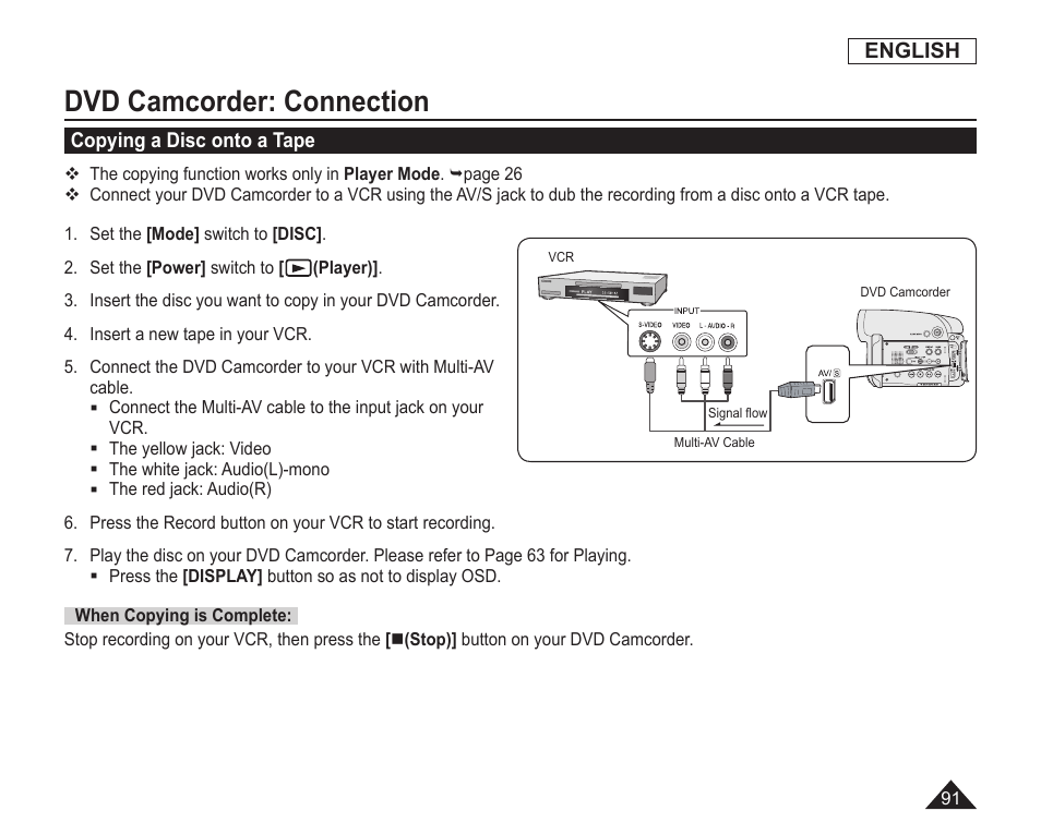 Copying a disc onto a tape, Dvd camcorder: connection | Samsung SC-DC163-XAP User Manual | Page 95 / 136