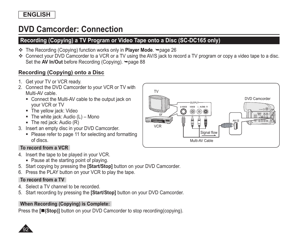 Dvd camcorder: connection | Samsung SC-DC163-XAP User Manual | Page 96 / 136