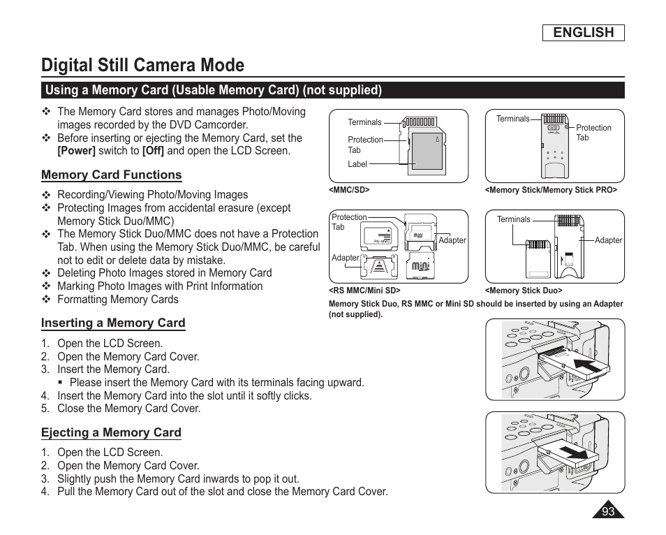 Digital still camera mode, Memory card functions, Inserting a memory card | Ejecting a memory card, English | Samsung SC-DC163-XAP User Manual | Page 97 / 136