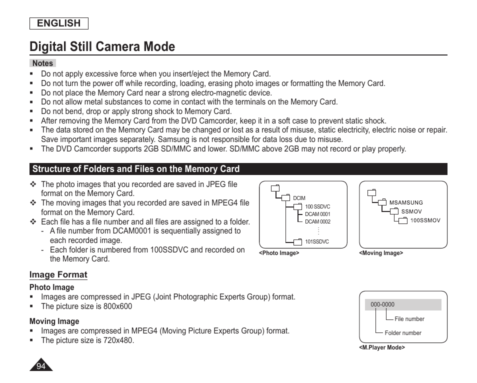 Structure of folders and files on the memory card, Digital still camera mode, English | Samsung SC-DC163-XAP User Manual | Page 98 / 136