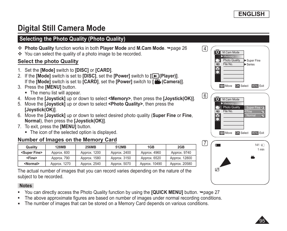 Selecting the photo quality(photo quality), Digital still camera mode, English | Selecting the photo quality (photo quality) | Samsung SC-DC163-XAP User Manual | Page 99 / 136