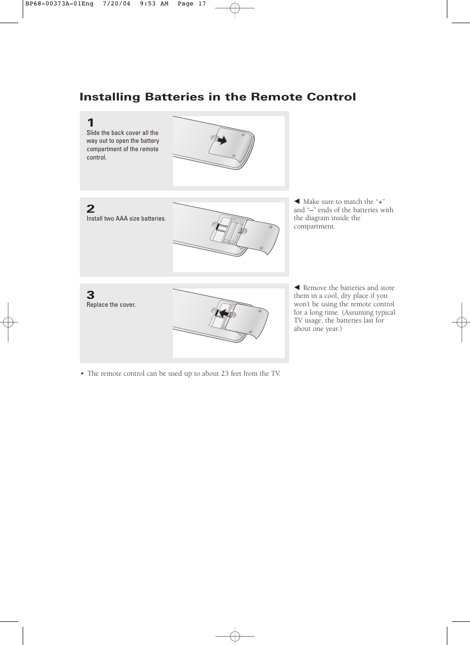 Installing batteries in the remote control | Samsung HCP4741WSC-XAA User Manual | Page 5 / 5