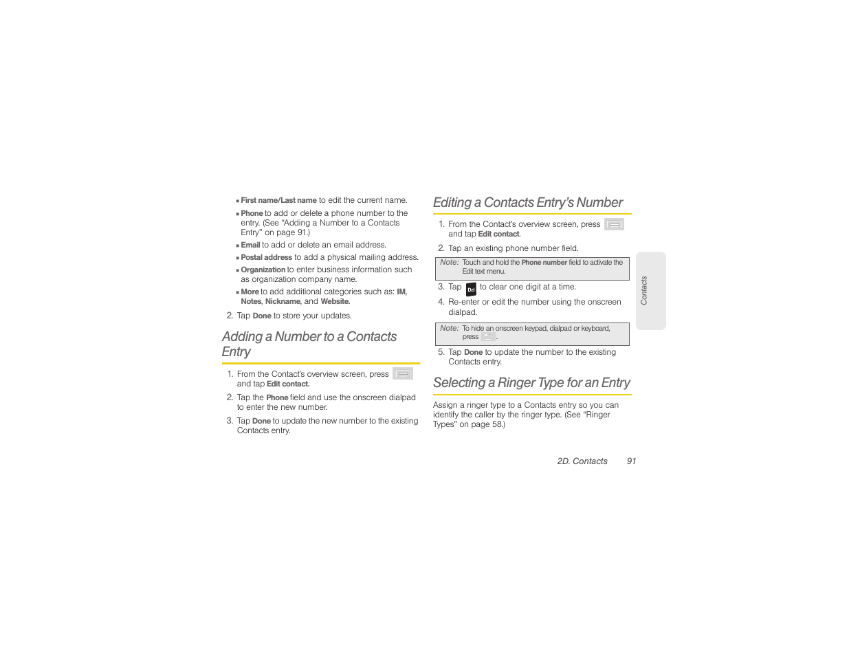 Adding a number to a contacts entry, Editing a contacts entry’s number, Selecting a ringer type for an entry | Samsung SPH-M580ZKASPR User Manual | Page 105 / 230