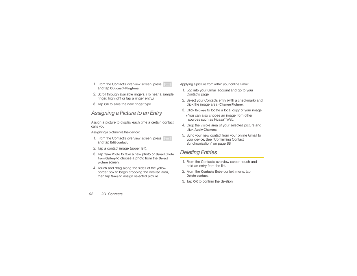 Assigning a picture to an entry, Deleting entries | Samsung SPH-M580ZKASPR User Manual | Page 106 / 230