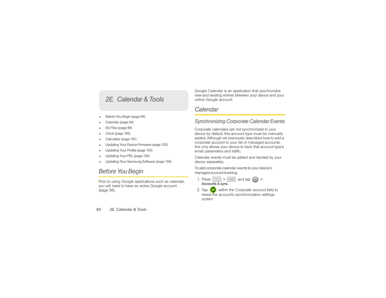 2e. calendar & tools, Before you begin, Calendar | Synchronizing corporate calendar events | Samsung SPH-M580ZKASPR User Manual | Page 108 / 230