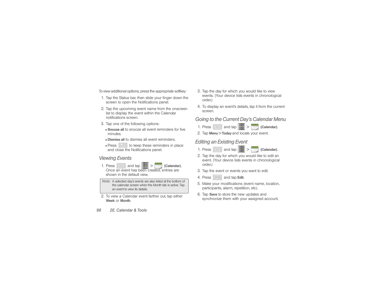 Viewing events, Going to the current day’s calendar menu, Editing an existing event | Samsung SPH-M580ZKASPR User Manual | Page 112 / 230