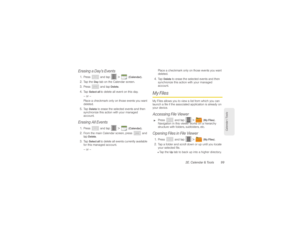 My files, Erasing a day’s events, Erasing all events | Accessing file viewer, Opening files in file viewer | Samsung SPH-M580ZKASPR User Manual | Page 113 / 230