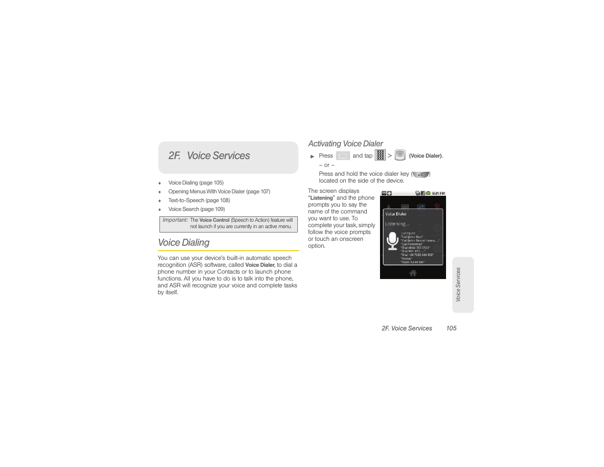 2f. voice services, Voice dialing, Activating voice dialer | Samsung SPH-M580ZKASPR User Manual | Page 119 / 230