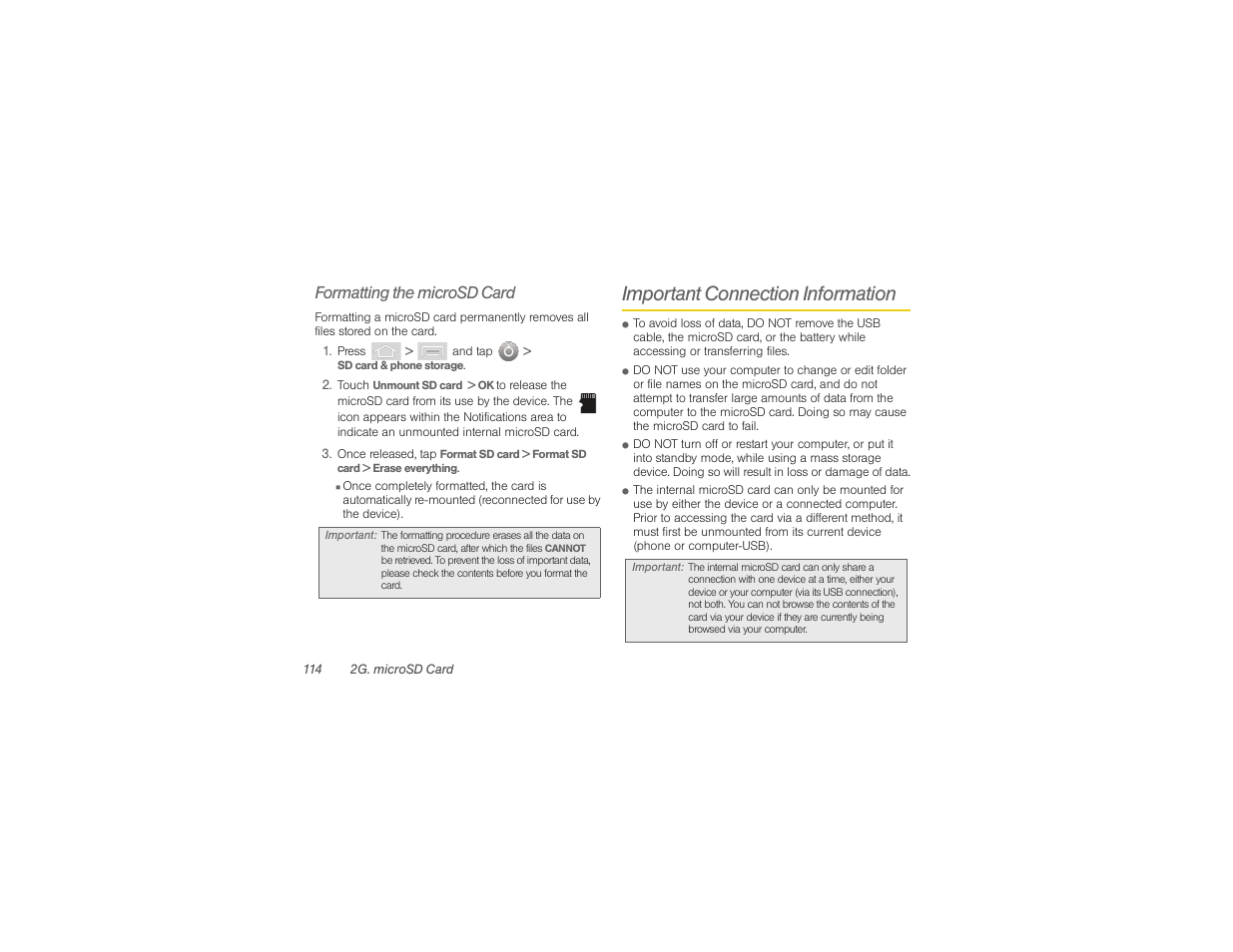 Important connection information, Formatting the microsd card | Samsung SPH-M580ZKASPR User Manual | Page 128 / 230