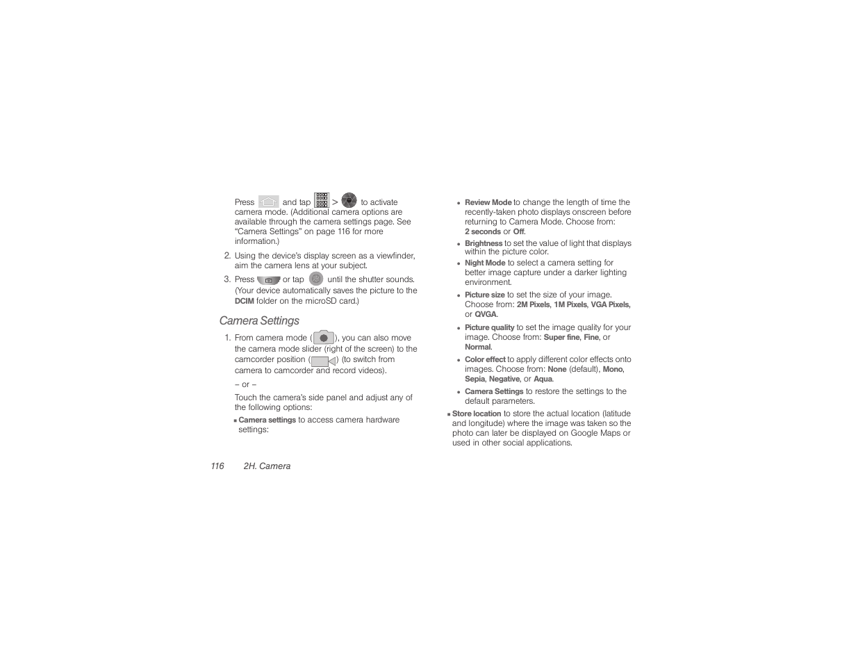 Camera settings | Samsung SPH-M580ZKASPR User Manual | Page 130 / 230