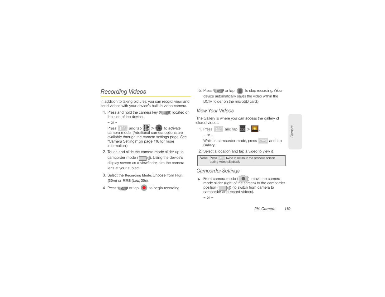 Recording videos, View your videos, Camcorder settings | Samsung SPH-M580ZKASPR User Manual | Page 133 / 230