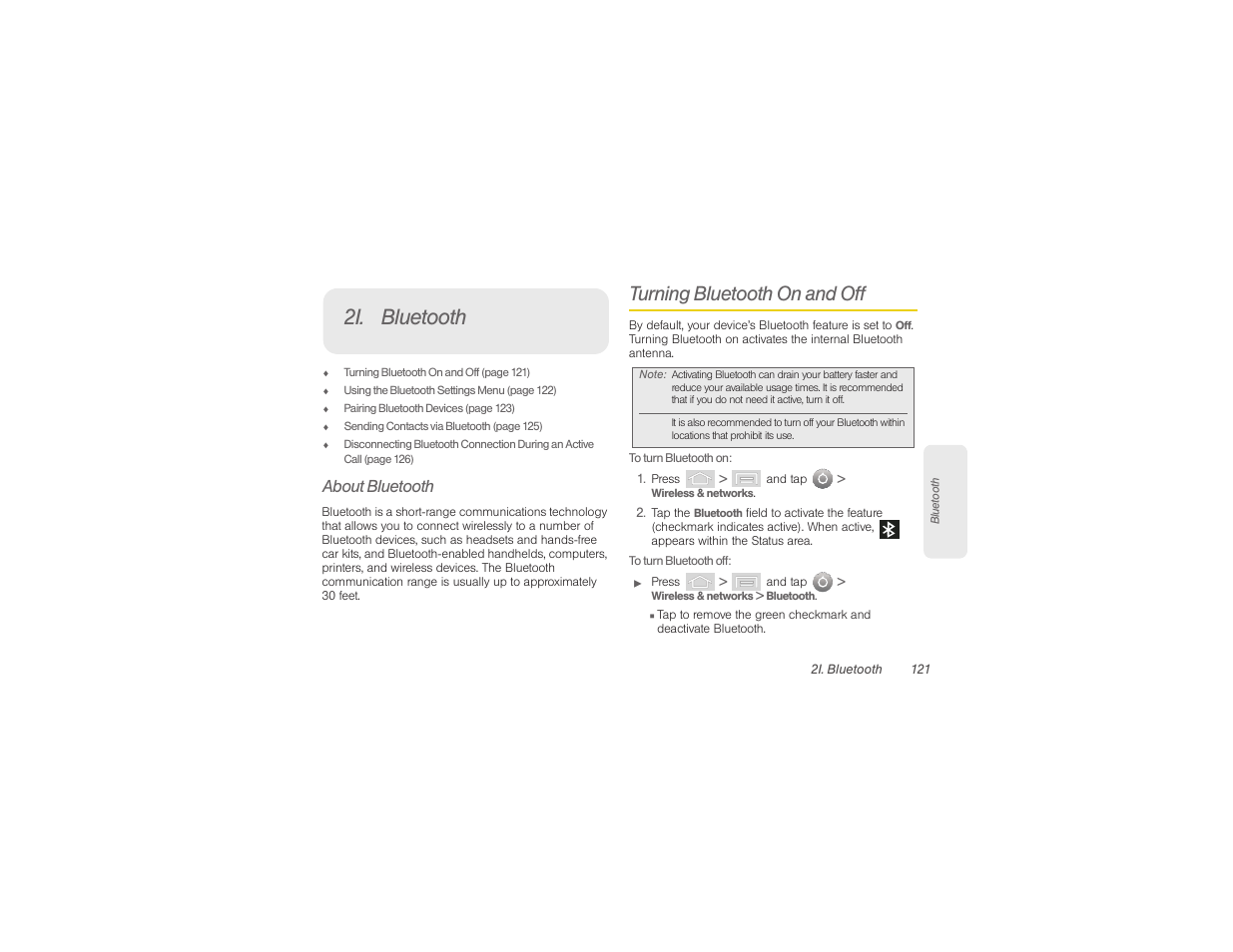 2i. bluetooth, Turning bluetooth on and off, About bluetooth | Samsung SPH-M580ZKASPR User Manual | Page 135 / 230