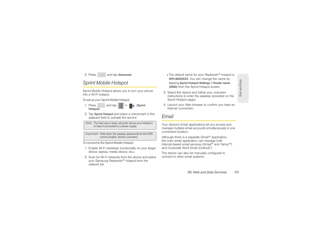 Sprint mobile hotspot, Email | Samsung SPH-M580ZKASPR User Manual | Page 165 / 230