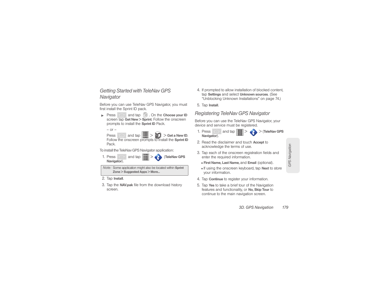 Getting started with telenav gps navigator, Registering telenav gps navigator | Samsung SPH-M580ZKASPR User Manual | Page 193 / 230