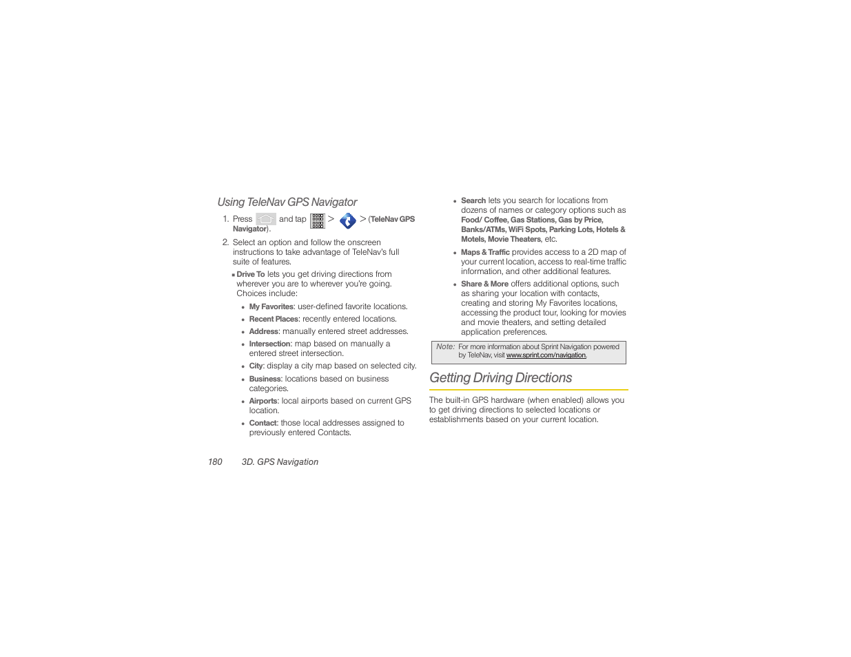 Getting driving directions, Using telenav gps navigator | Samsung SPH-M580ZKASPR User Manual | Page 194 / 230