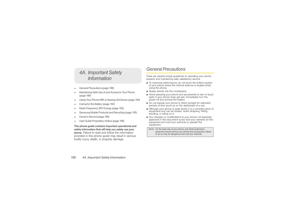 4a. important safety information, General precautions | Samsung SPH-M580ZKASPR User Manual | Page 202 / 230