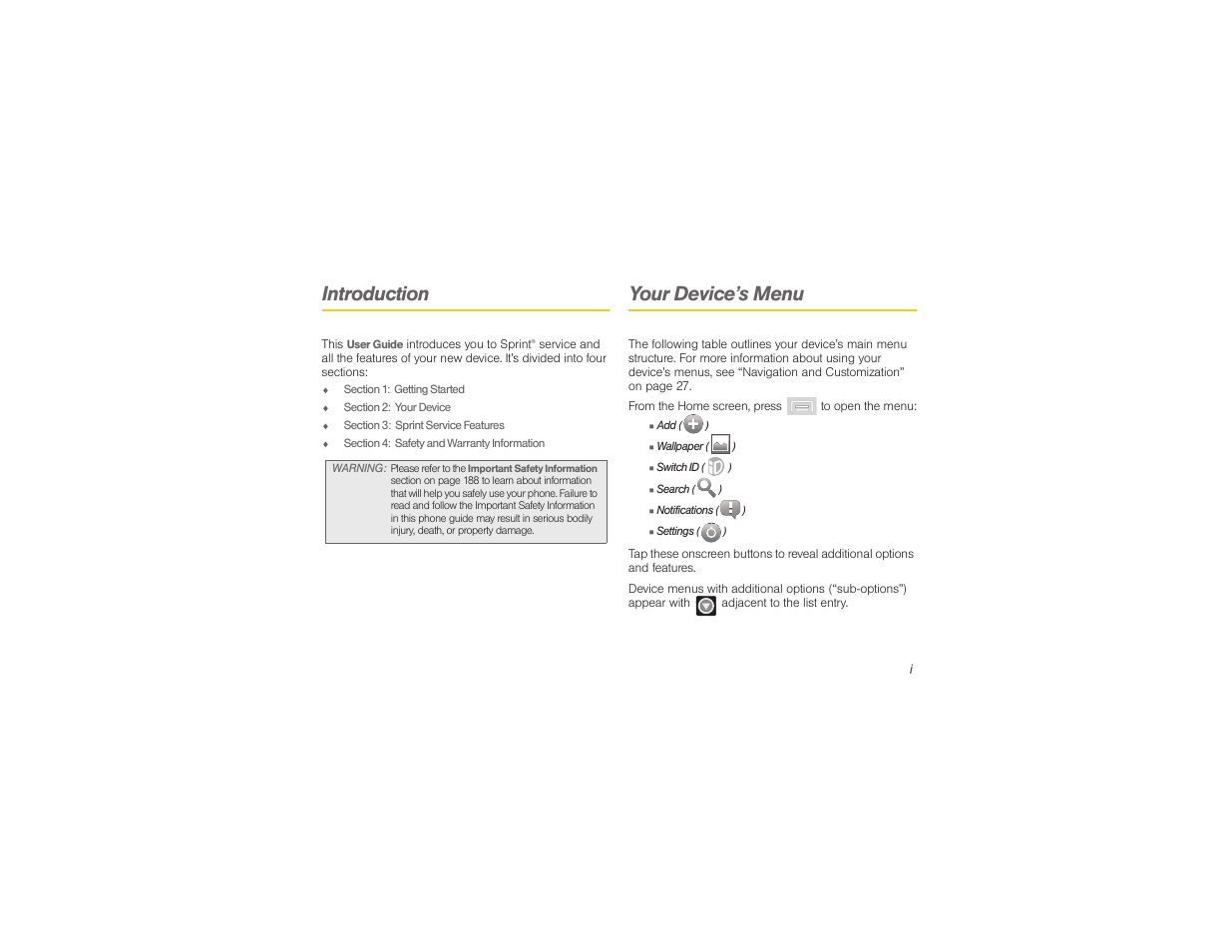 Introduction, Your device’s menu | Samsung SPH-M580ZKASPR User Manual | Page 7 / 230