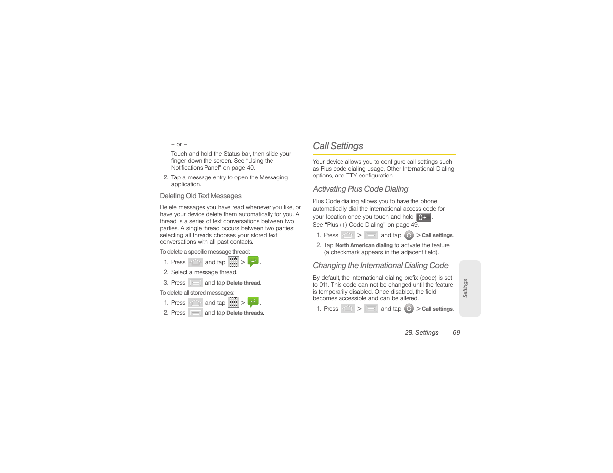 Call settings, Activating plus code dialing, Changing the international dialing code | Samsung SPH-M580ZKASPR User Manual | Page 83 / 230