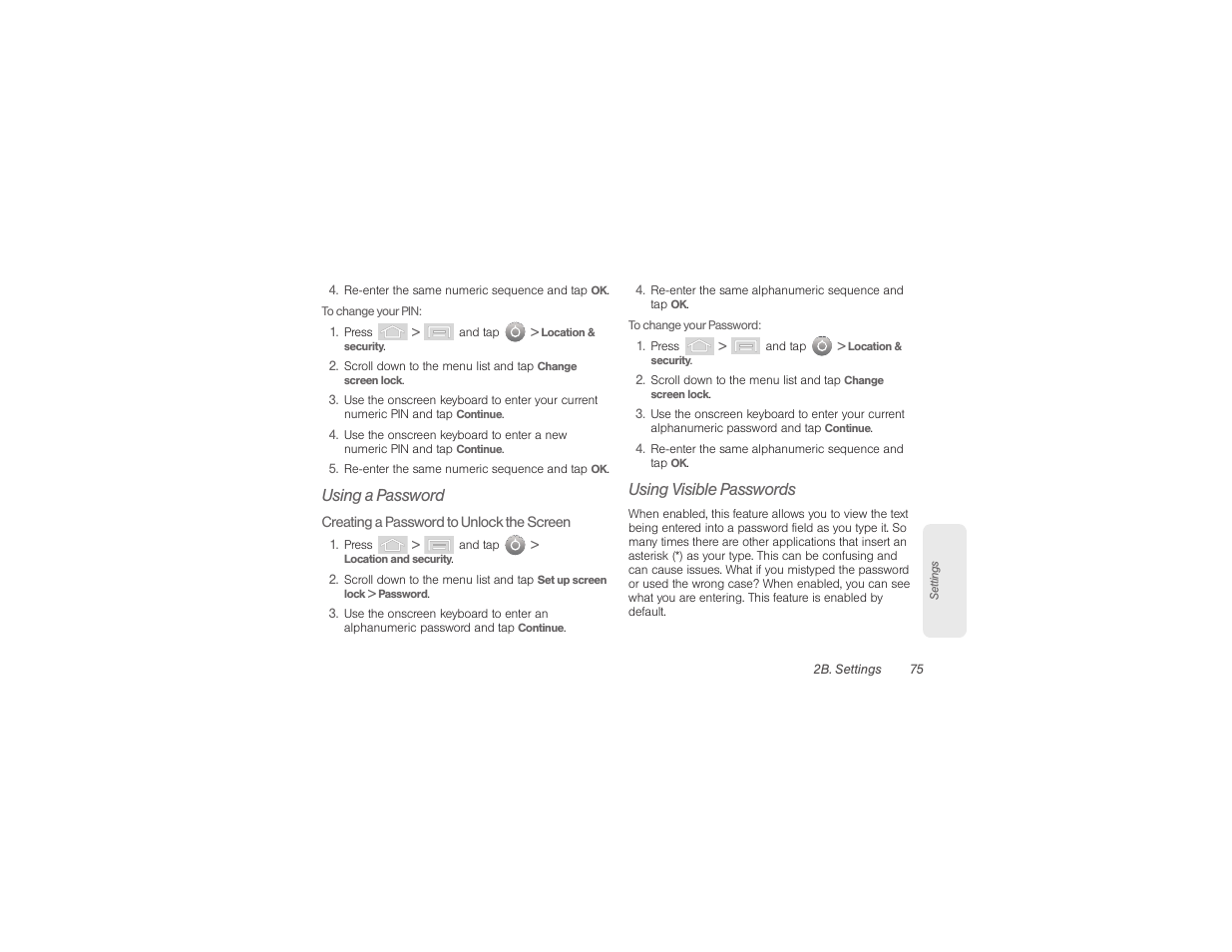 Using a password, Using visible passwords | Samsung SPH-M580ZKASPR User Manual | Page 89 / 230