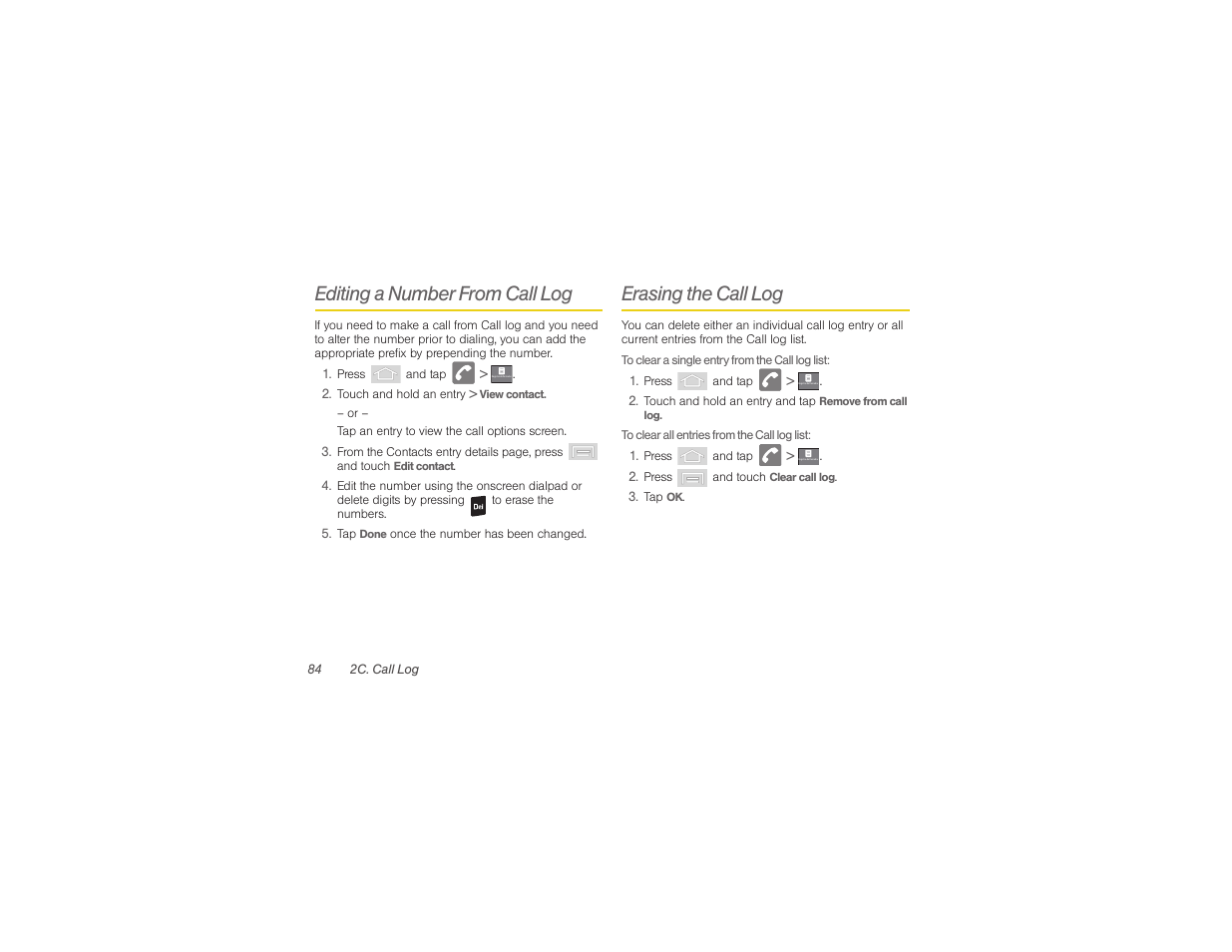 Editing a number from call log, Erasing the call log, Registro de llamadas | Samsung SPH-M580ZKASPR User Manual | Page 98 / 230