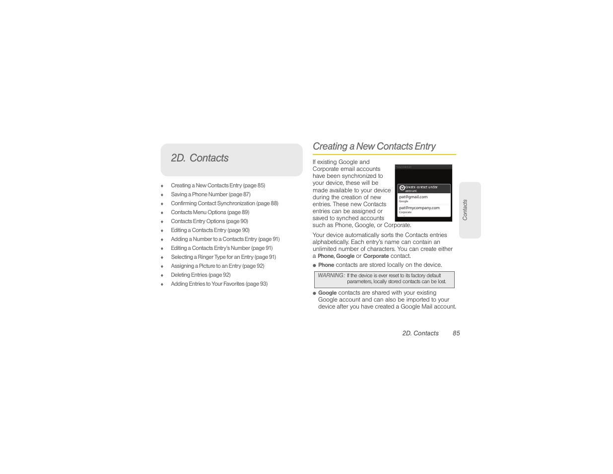 2d. contacts, Creating a new contacts entry | Samsung SPH-M580ZKASPR User Manual | Page 99 / 230